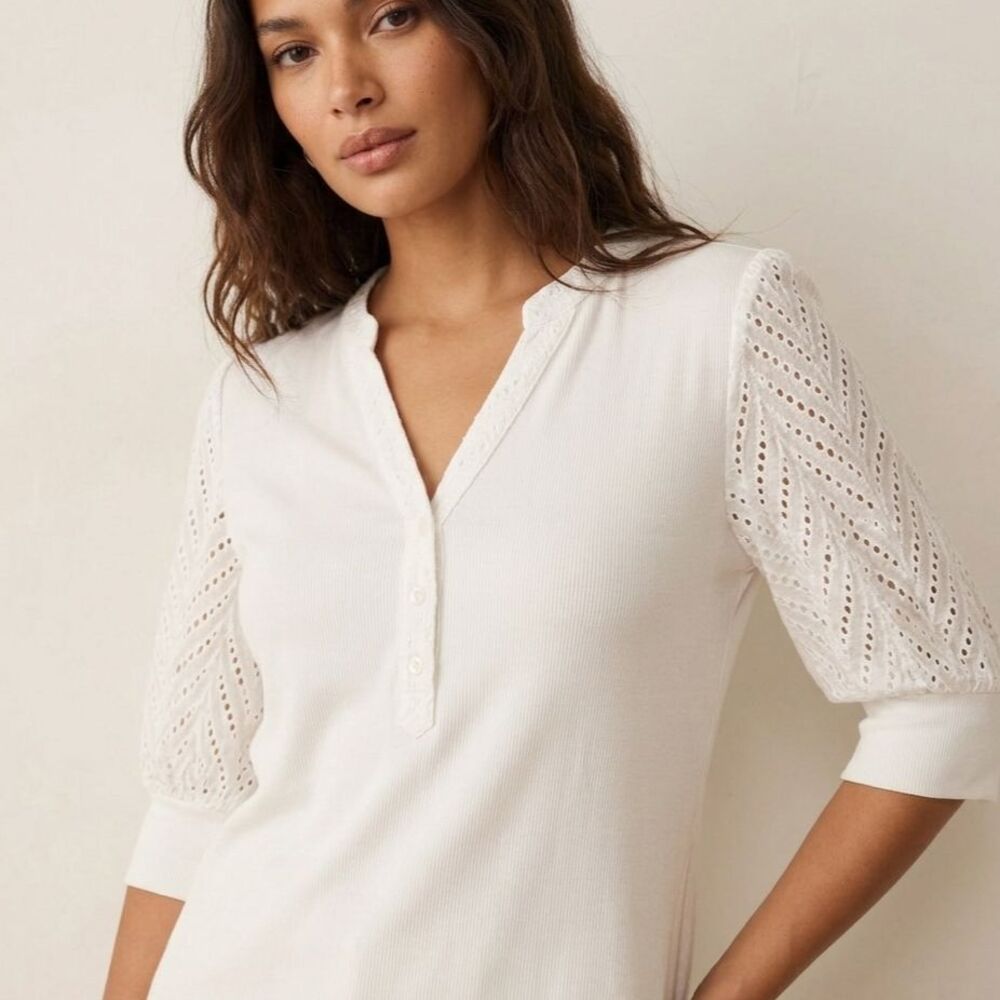 Mystree Eyelet Puff Sleeve Peasant Blouse Size Small White Boho Coastal Chic